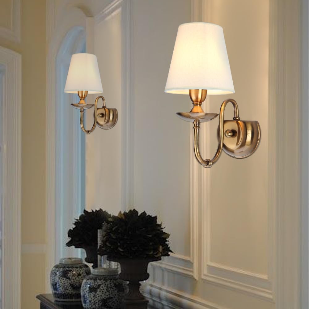 Aiwen Bedroom Wall Lamps Polished Solid Brass Finish Wall Lights with White Flax Fabric Shade 1-Light Vintage Reading Lights Wall Sconces for Bedside Hallway E12