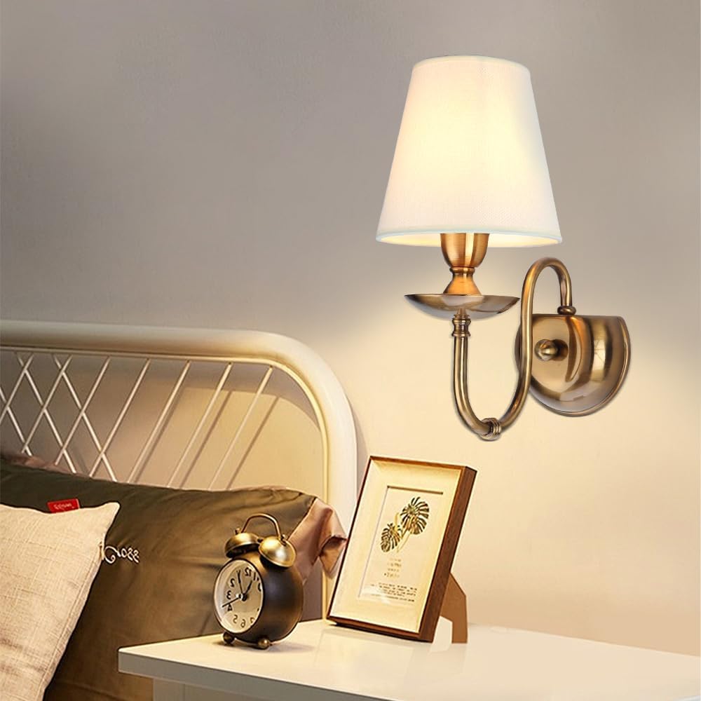 Aiwen Bedroom Wall Lamps Polished Solid Brass Finish Wall Lights with White Flax Fabric Shade 1-Light Vintage Reading Lights Wall Sconces for Bedside Hallway E12