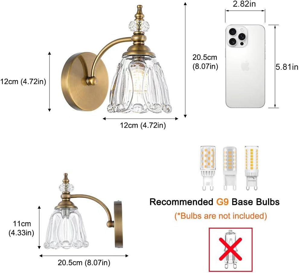 Vintage Brass Wall Sconces Set of Two, Brushed Gold Bathroom Vanity Light Fixtures, Hardwired Sconces Wall Deco Set of 2, Glass Wall Lights for Bathroom, Bedroom,Hallway (Excludes G9 Bulb)