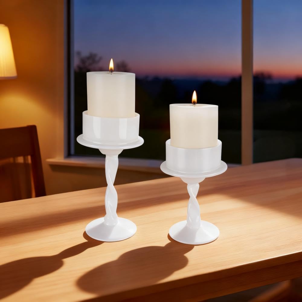 Candle Holders Ceramic White Taper S&L Set of 2 Matte Stylish Decorative Candlestick Holders for Home Decor Dinning Wedding Party Aromatherapy Votive (CH7585W)