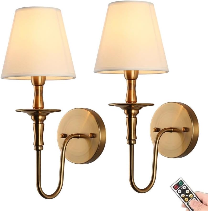 Antique Wall Sconces Battery Operated Set of 2,No Wiring Rechargeable Wall Lights with Remote, Brass Vintage Fabric Shade Wall Lamp Fixtures Gold for Living Room Bedroom Hallway Farmhouse TV