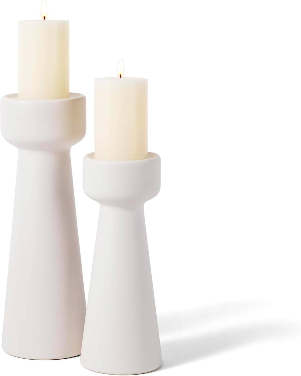 Set of 2 White Ceramic Taper Candle Holders, Matte Decorative Candlestick Holders in Small & Large Sizes for Home Decor, Dining Table, Weddings, Parties, and Aromatherapy