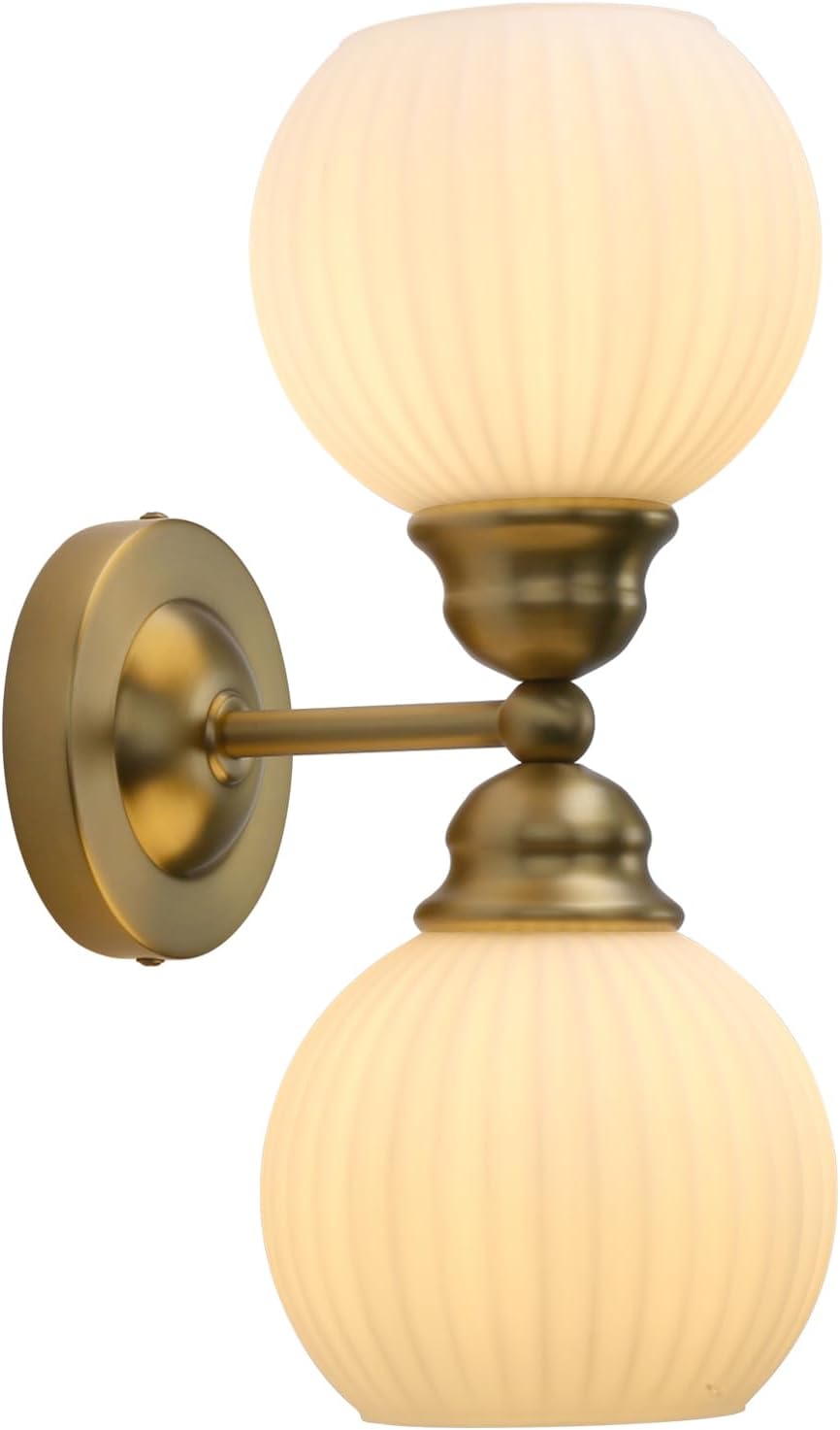 Pathson Milk White Glass Wall Sconces Lighting, 2 Lights Industrial Wall Vanity Light Fixtures Brass Finish, Vintage Wall Sconce Lamp for Bathroom Living Room Bedroom