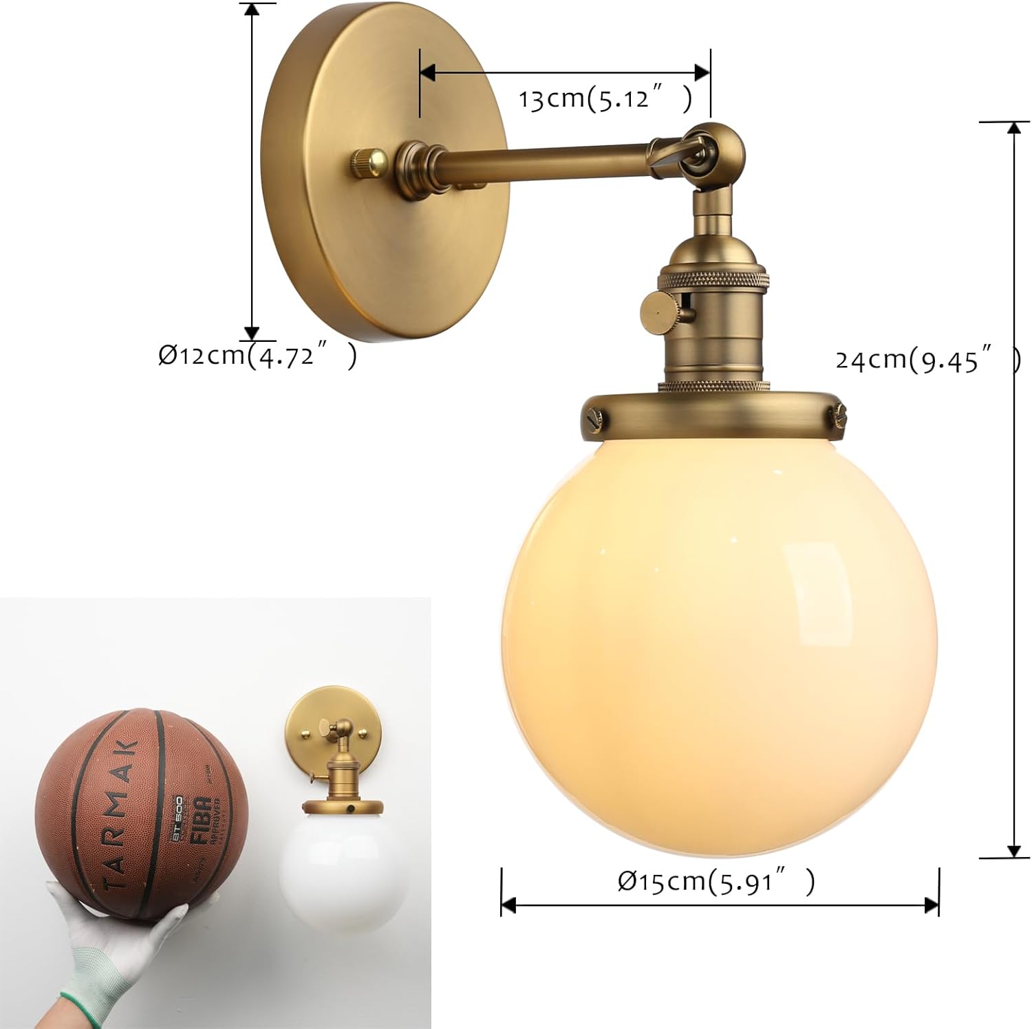 Pathson Hardwired Wall Sconce with White Globe, Brass Bathroom Vanity Light with On Off Switch, Vintage Wall Light Fixtures for Living Room Loft Hallway