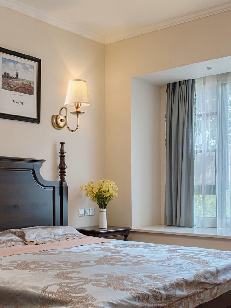 Aiwen Bedroom Wall Lamps Polished Solid Brass Finish Wall Lights with White Flax Fabric Shade 1-Light Vintage Reading Lights Wall Sconces for Bedside Hallway E12