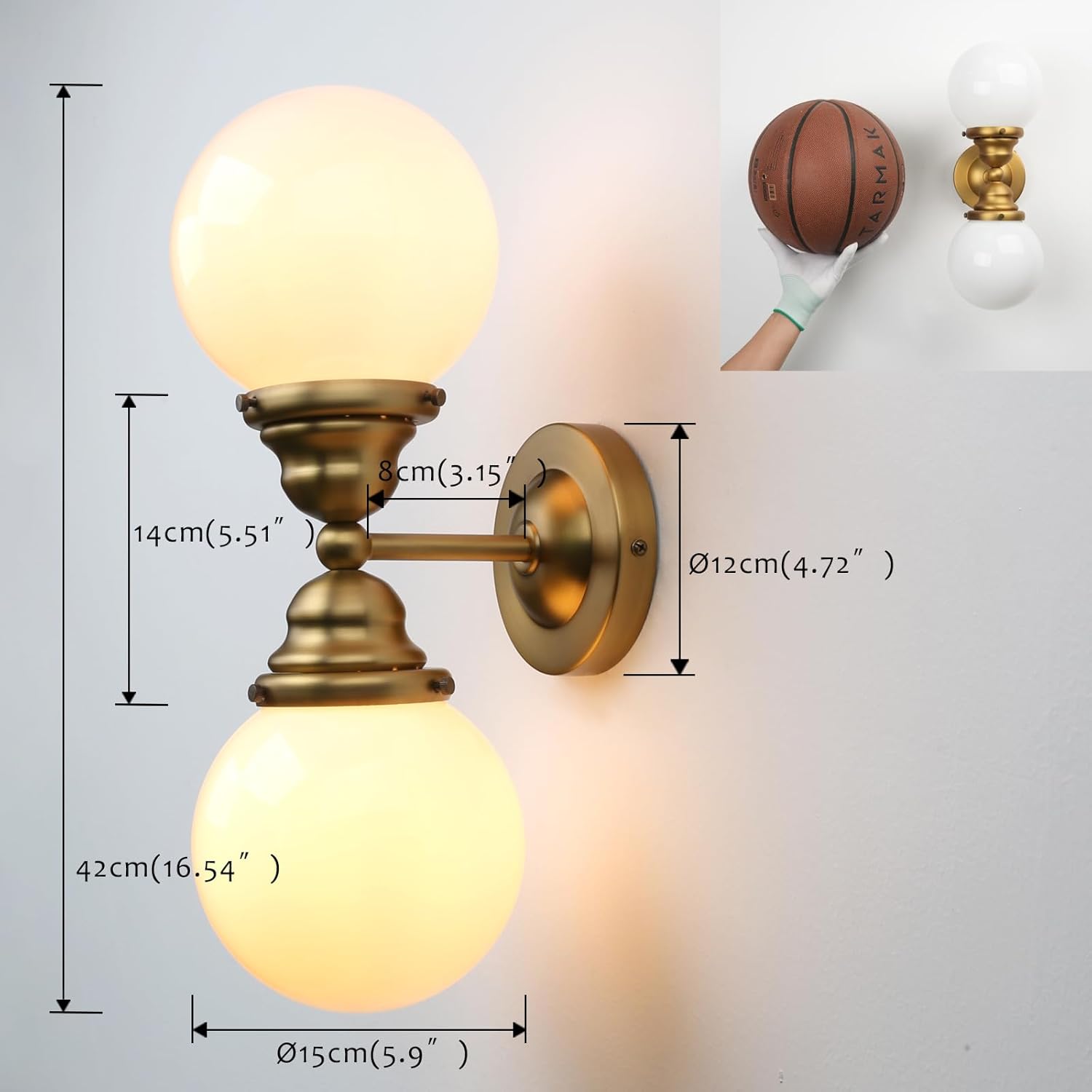 Pathson Milk White Glass Wall Sconces Lighting, 2 Lights Industrial Wall Vanity Light Fixtures Brass Finish, Vintage Wall Sconce Lamp for Bathroom Living Room Bedroom