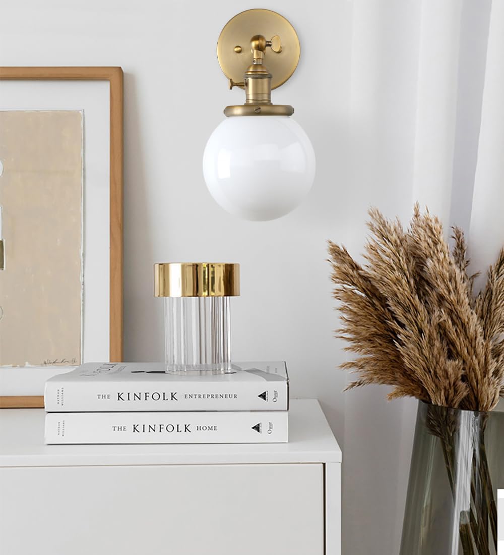 Pathson Hardwired Wall Sconce with White Globe, Brass Bathroom Vanity Light with On Off Switch, Vintage Wall Light Fixtures for Living Room Loft Hallway