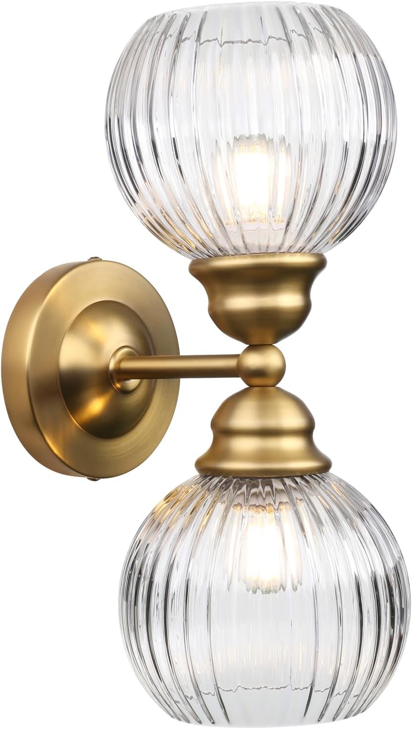 Pathson Milk White Glass Wall Sconces Lighting, 2 Lights Industrial Wall Vanity Light Fixtures Brass Finish, Vintage Wall Sconce Lamp for Bathroom Living Room Bedroom