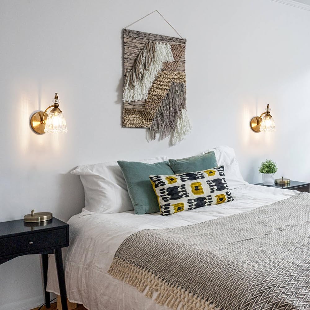 Vintage Brass Wall Sconces Set of Two, Brushed Gold Bathroom Vanity Light Fixtures, Hardwired Sconces Wall Deco Set of 2, Glass Wall Lights for Bathroom, Bedroom,Hallway (Excludes G9 Bulb)