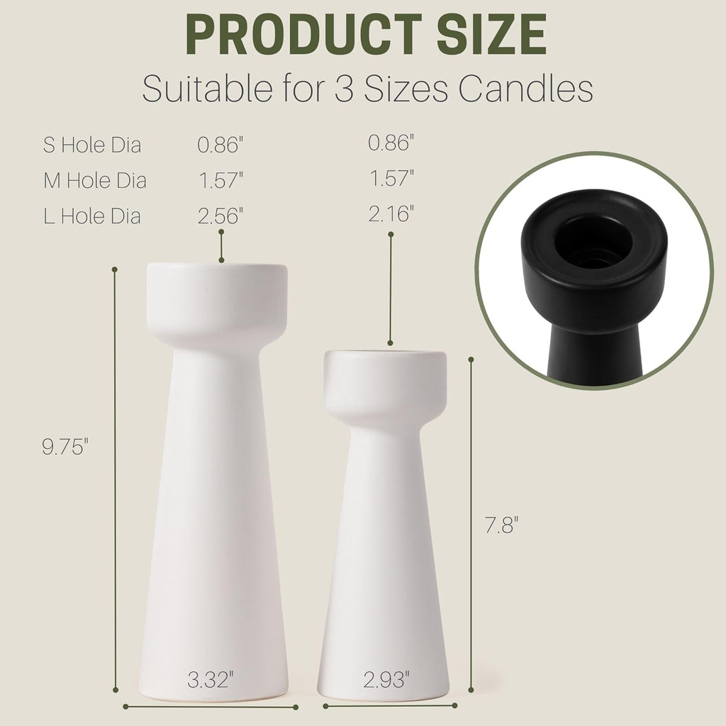 Candle Holders Ceramic White Taper S&L Set of 2 Matte Stylish Decorative Candlestick Holders for Home Decor Dinning Wedding Party Aromatherapy Votive (CH7585W)