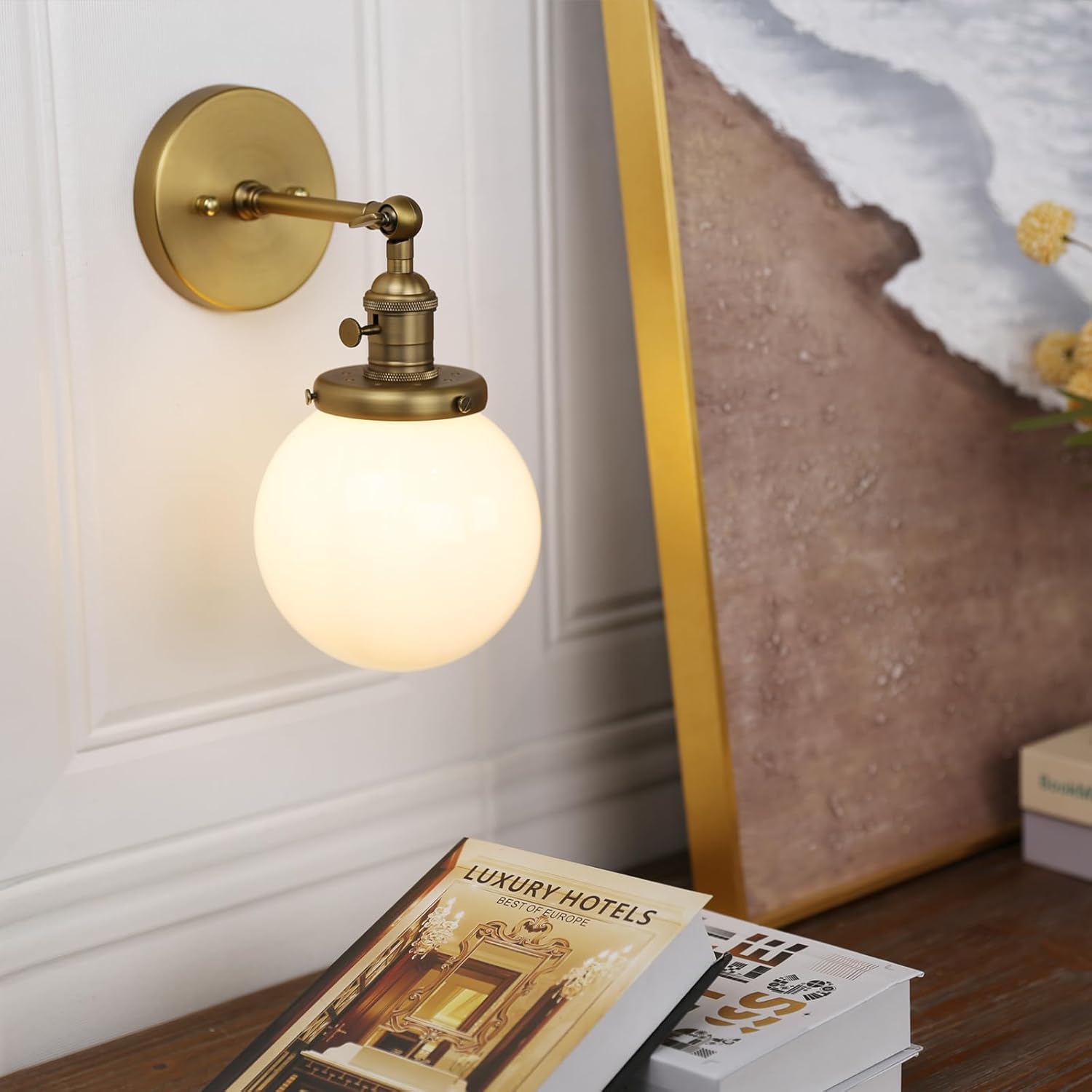Pathson Hardwired Wall Sconce with White Globe, Brass Bathroom Vanity Light with On Off Switch, Vintage Wall Light Fixtures for Living Room Loft Hallway