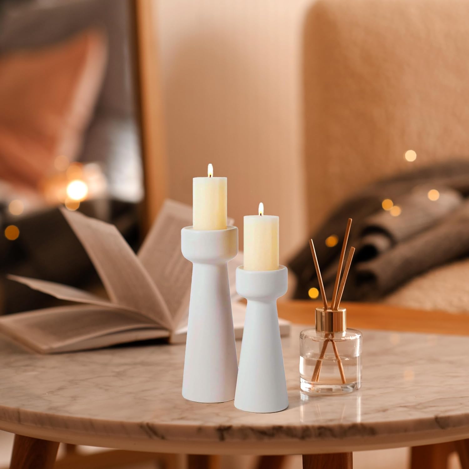 Set of 2 White Ceramic Taper Candle Holders, Matte Decorative Candlestick Holders in Small & Large Sizes for Home Decor, Dining Table, Weddings, Parties, and Aromatherapy