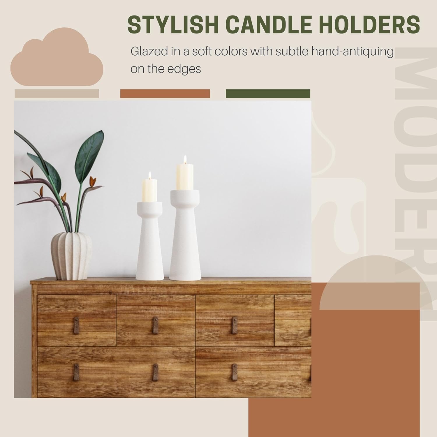 Candle Holders Ceramic White Taper S&L Set of 2 Matte Stylish Decorative Candlestick Holders for Home Decor Dinning Wedding Party Aromatherapy Votive (CH7585W)