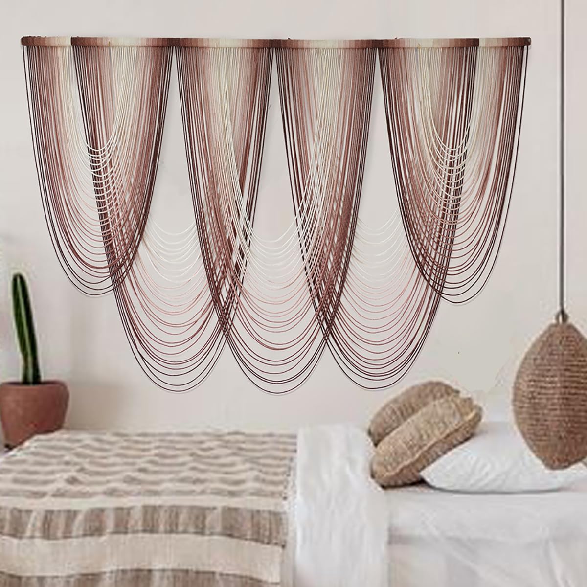 Macrame Wall Hanging Dip-Dyed Large Macrame Wall Decor Yarn Tapestry 57" W x 41" L For Headboard Bedroom Living Room Boho Fiber Home Art