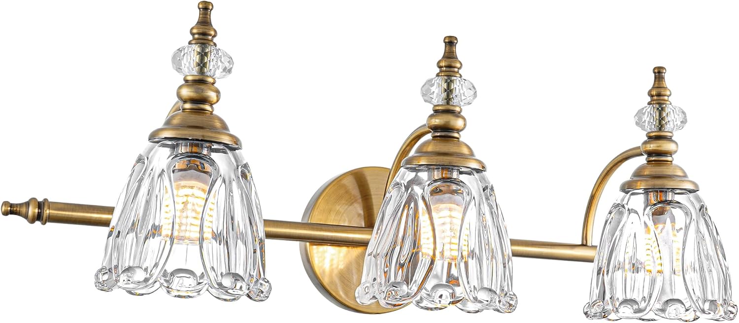 Vintage Brass Wall Sconces Set of Two, Brushed Gold Bathroom Vanity Light Fixtures, Hardwired Sconces Wall Deco Set of 2, Glass Wall Lights for Bathroom, Bedroom,Hallway (Excludes G9 Bulb)