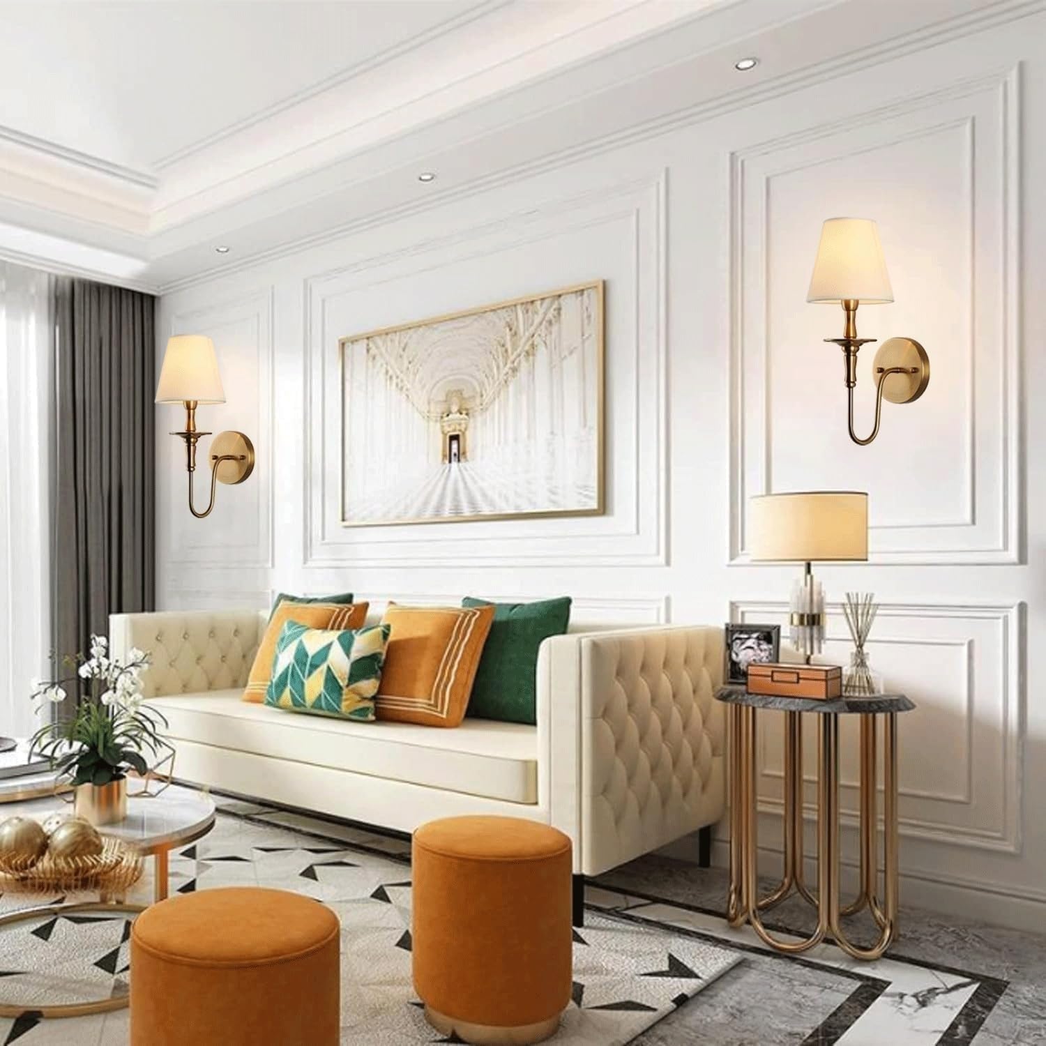 Antique Wall Sconces Battery Operated Set of 2,No Wiring Rechargeable Wall Lights with Remote, Brass Vintage Fabric Shade Wall Lamp Fixtures Gold for Living Room Bedroom Hallway Farmhouse TV