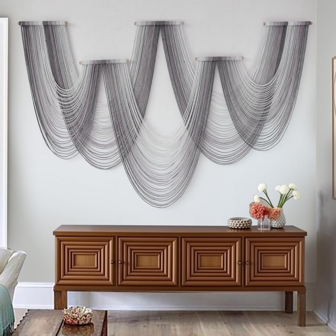 Macrame Wall Hanging Dip-Dyed Large Macrame Wall Decor Yarn Tapestry 57" W x 41" L For Headboard Bedroom Living Room Boho Fiber Home Art