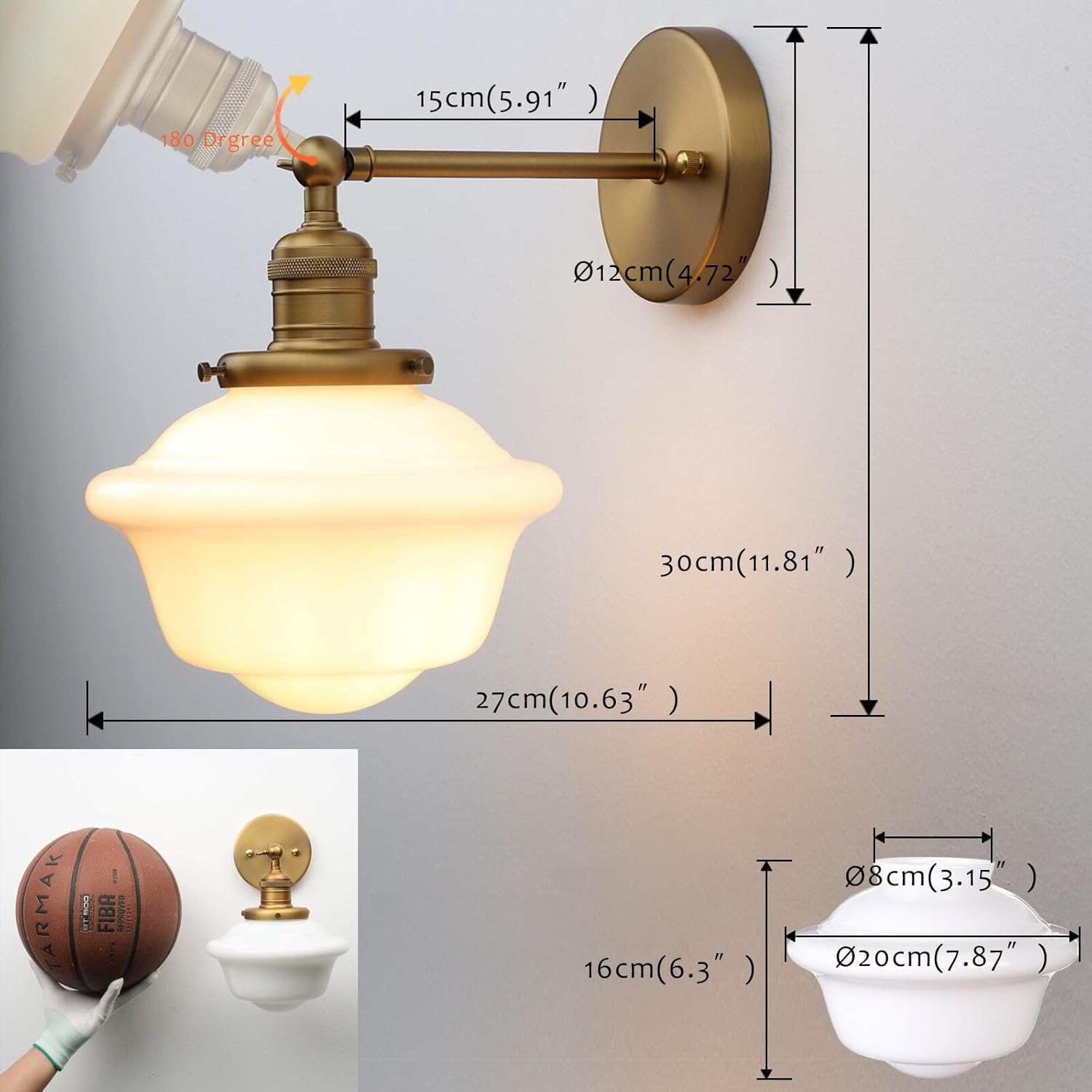Pathson Vintage Wall Sconce Lamp with Milk White Glass Shade, Hardwired Bathroom Wall Vanity Lighting for Living Room Bedroom Kitchen