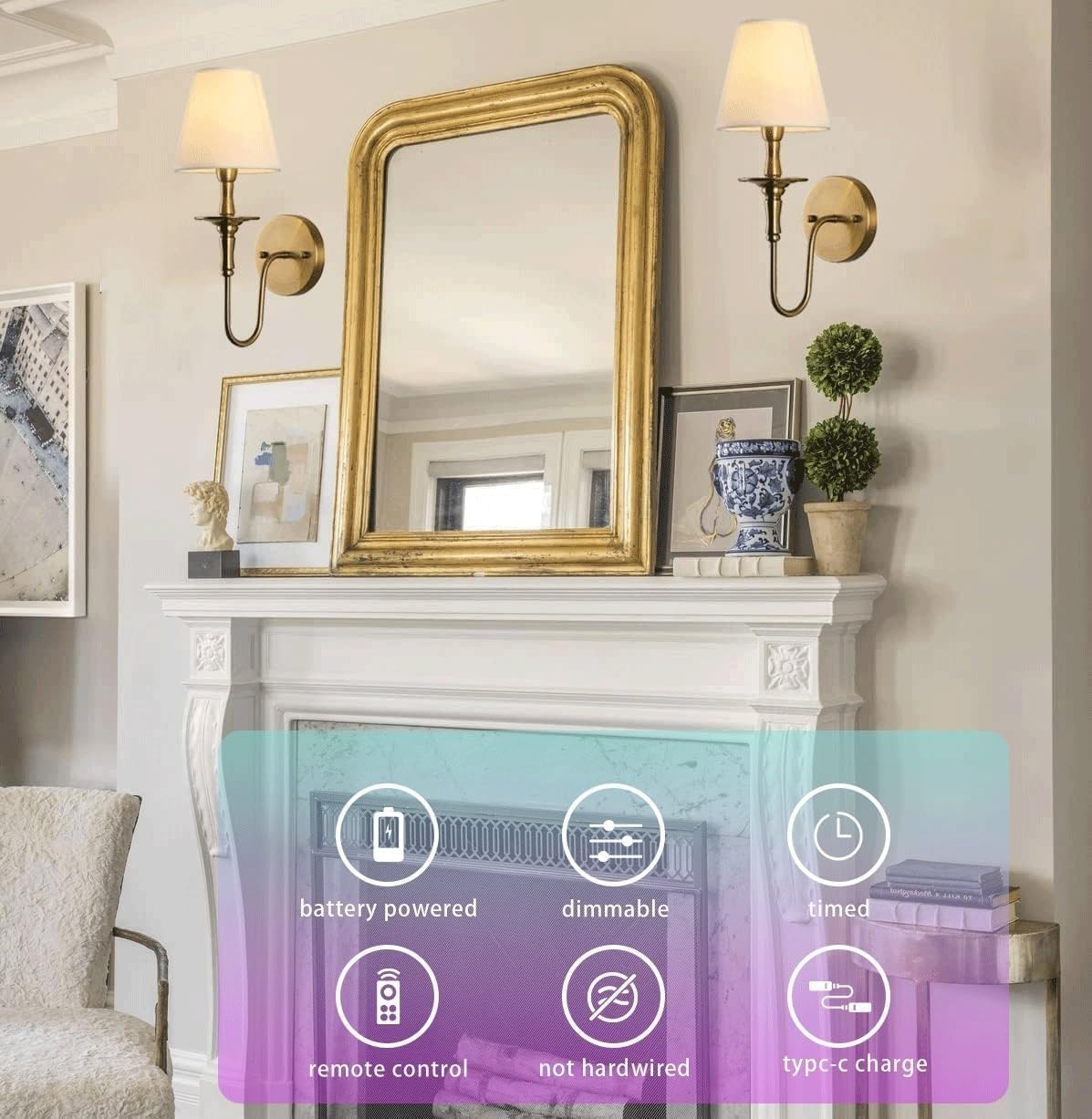 Antique Wall Sconces Battery Operated Set of 2,No Wiring Rechargeable Wall Lights with Remote, Brass Vintage Fabric Shade Wall Lamp Fixtures Gold for Living Room Bedroom Hallway Farmhouse TV