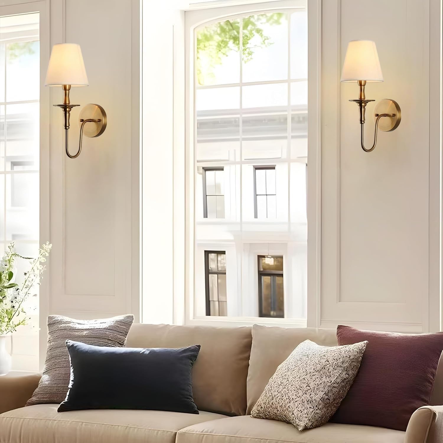 Antique Wall Sconces Battery Operated Set of 2,No Wiring Rechargeable Wall Lights with Remote, Brass Vintage Fabric Shade Wall Lamp Fixtures Gold for Living Room Bedroom Hallway Farmhouse TV