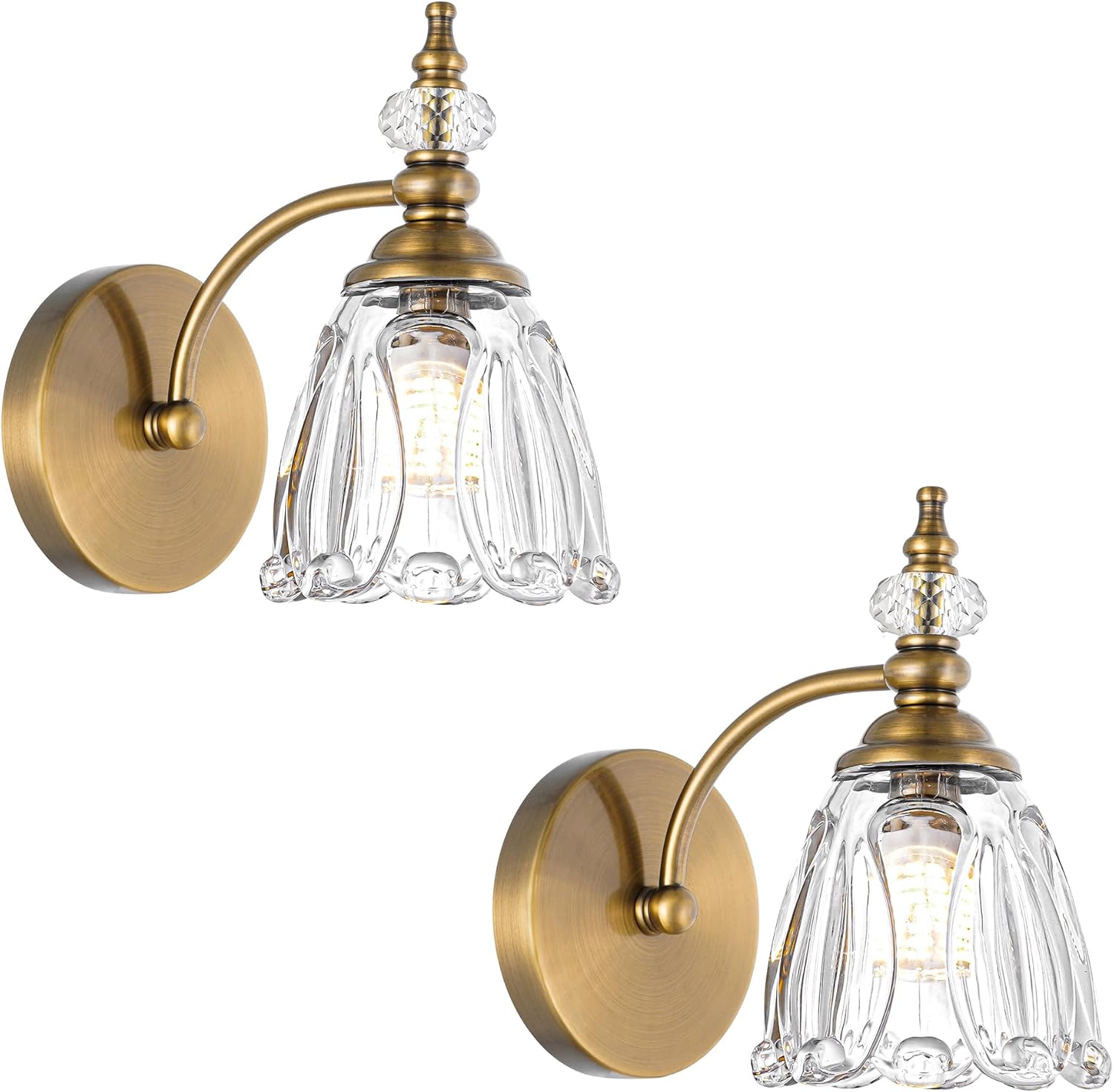 Vintage Brass Wall Sconces Set of Two, Brushed Gold Bathroom Vanity Light Fixtures, Hardwired Sconces Wall Deco Set of 2, Glass Wall Lights for Bathroom, Bedroom,Hallway (Excludes G9 Bulb)