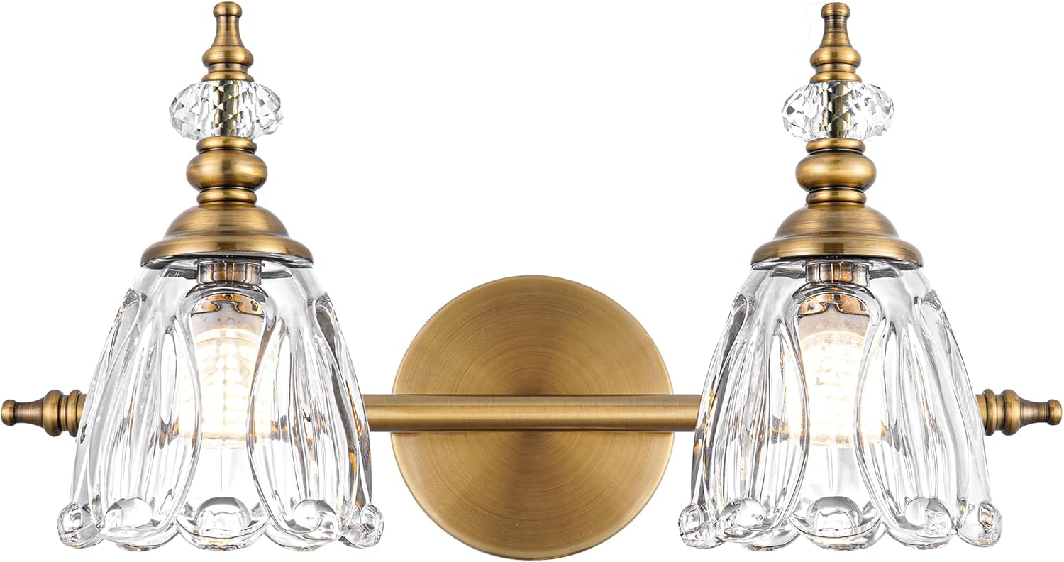 Vintage Brass Wall Sconces Set of Two, Brushed Gold Bathroom Vanity Light Fixtures, Hardwired Sconces Wall Deco Set of 2, Glass Wall Lights for Bathroom, Bedroom,Hallway (Excludes G9 Bulb)