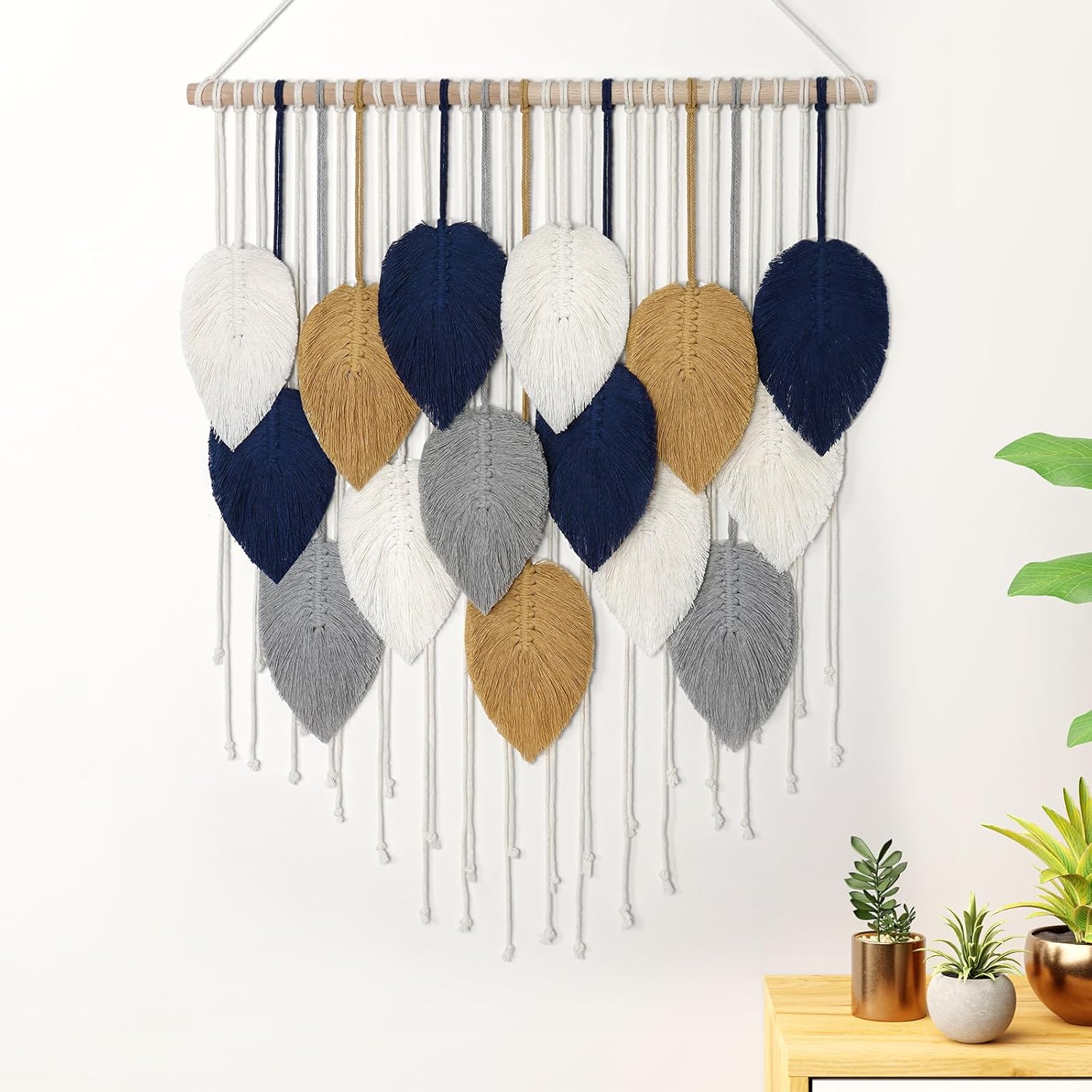 Alynsehom Large Macrame Wall Hanging, Boho Handmade Leaf Feather Bohemian Woven Tapestry, Chic Wall Art Home Decor for Bedroom Living Room Nursery Apartment Decorations(39" W x 29.5" L)