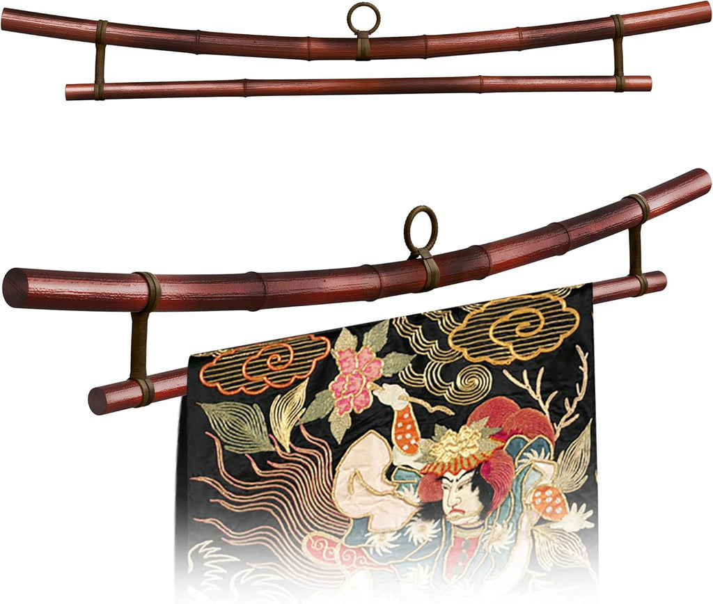 Smoked Bamboo Tapestry Holder, Rug Wall Hanger, Tapestry Wall Hanger, Obi Textile Hanger - Zen Pagoda Style Up to 19", 23", 30" or 36" - Japanese Ikat Kimono Display - Authentically Handmade (Fits 19 Inch tapestry)