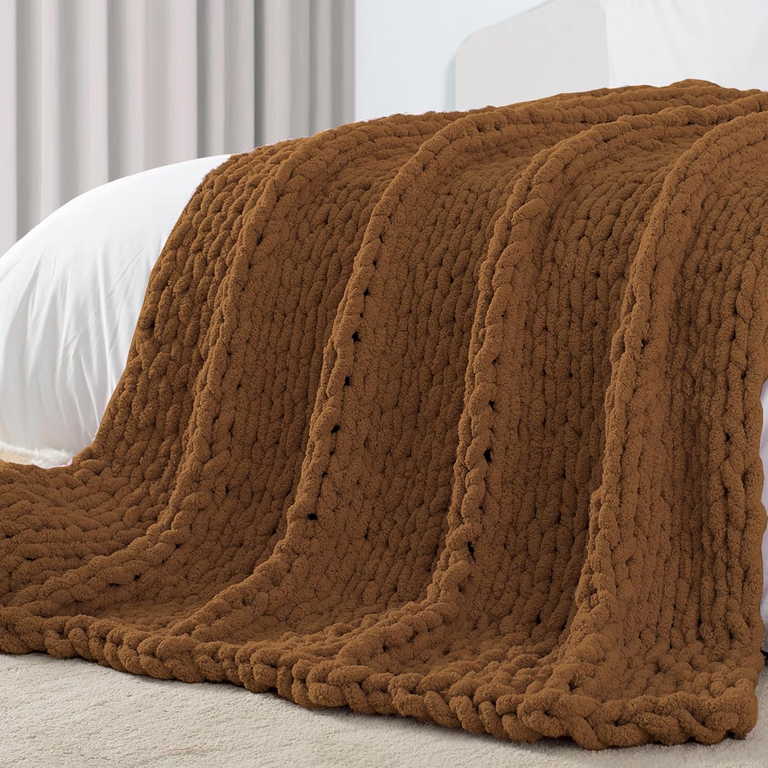Carriediosa Chunky Knit Throw Blanket 50" X 60", 100% Hand Made Large Chenille Loop Yarn Soft Fluffy Throws for Couch Sofa Bed, Big Crochet Cozy Heavy Thick Cable Woven Blankets, Taupe