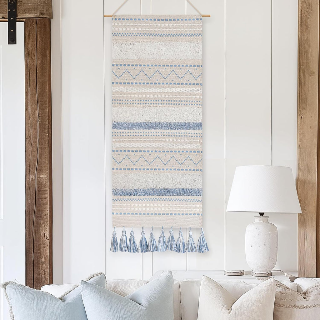 BlissBlush Long Vertical Wall Hanging Tapestry Coastal Blue Woven Boho Farmhouse Décor Tassel Handmade Wall Art Decoration for Bedroom Living Room Dorm Nursery Apartment, 16x39 INCH