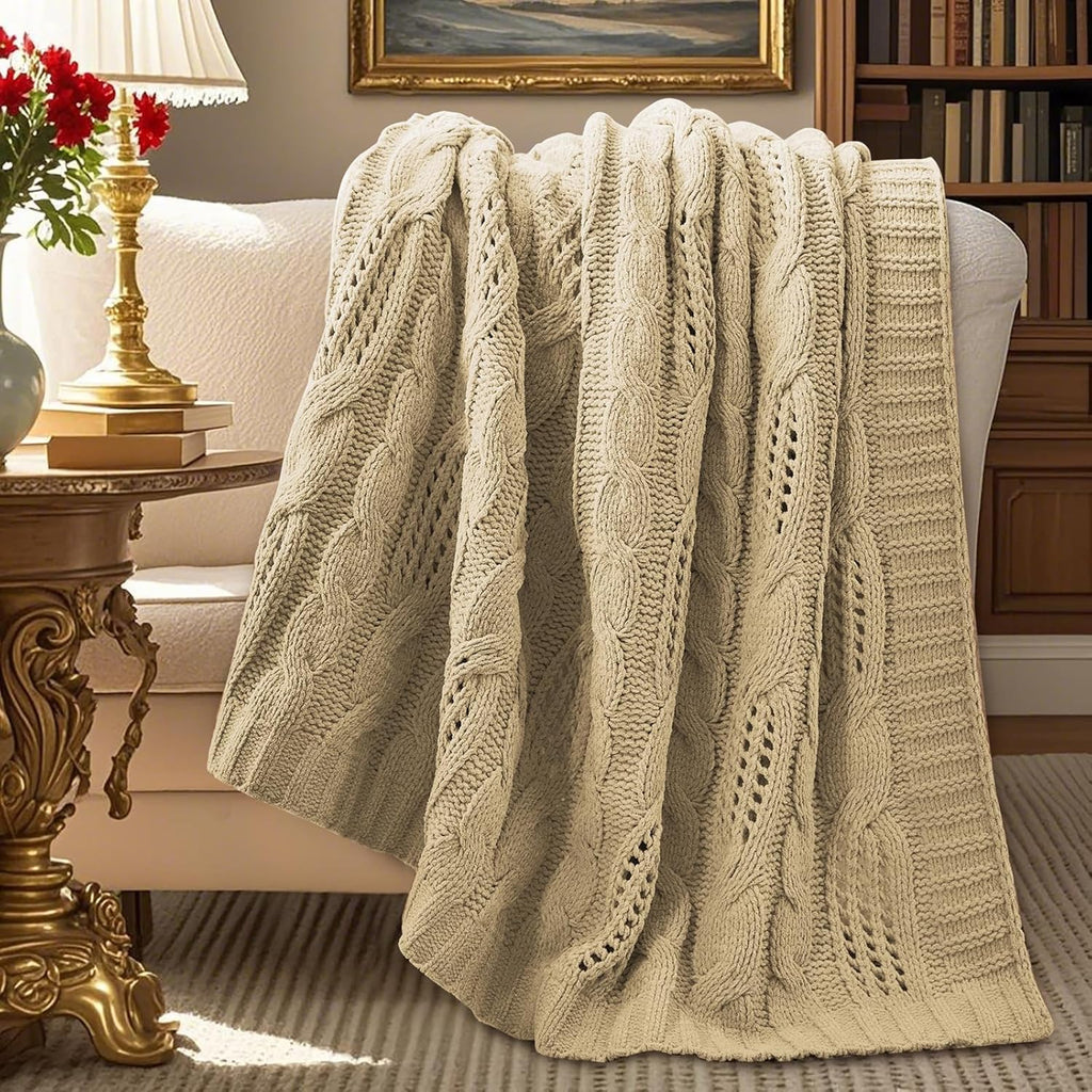 Amélie Home Chunky Knit Throw Blanket, Dual-Sided Soft Chenille Breathable Cable Knitted Blanket for Couch, Farmhouse Decorative Throw for Sofa & Chair, 60"x80", Ivory