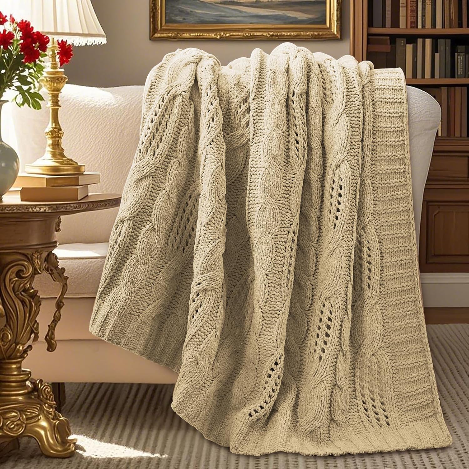 Amélie Home Chunky Knit Throw Blanket, Dual-Sided Soft Chenille Breathable Cable Knitted Blanket for Couch, Farmhouse Decorative Throw for Sofa & Chair, 60"x80", Ivory