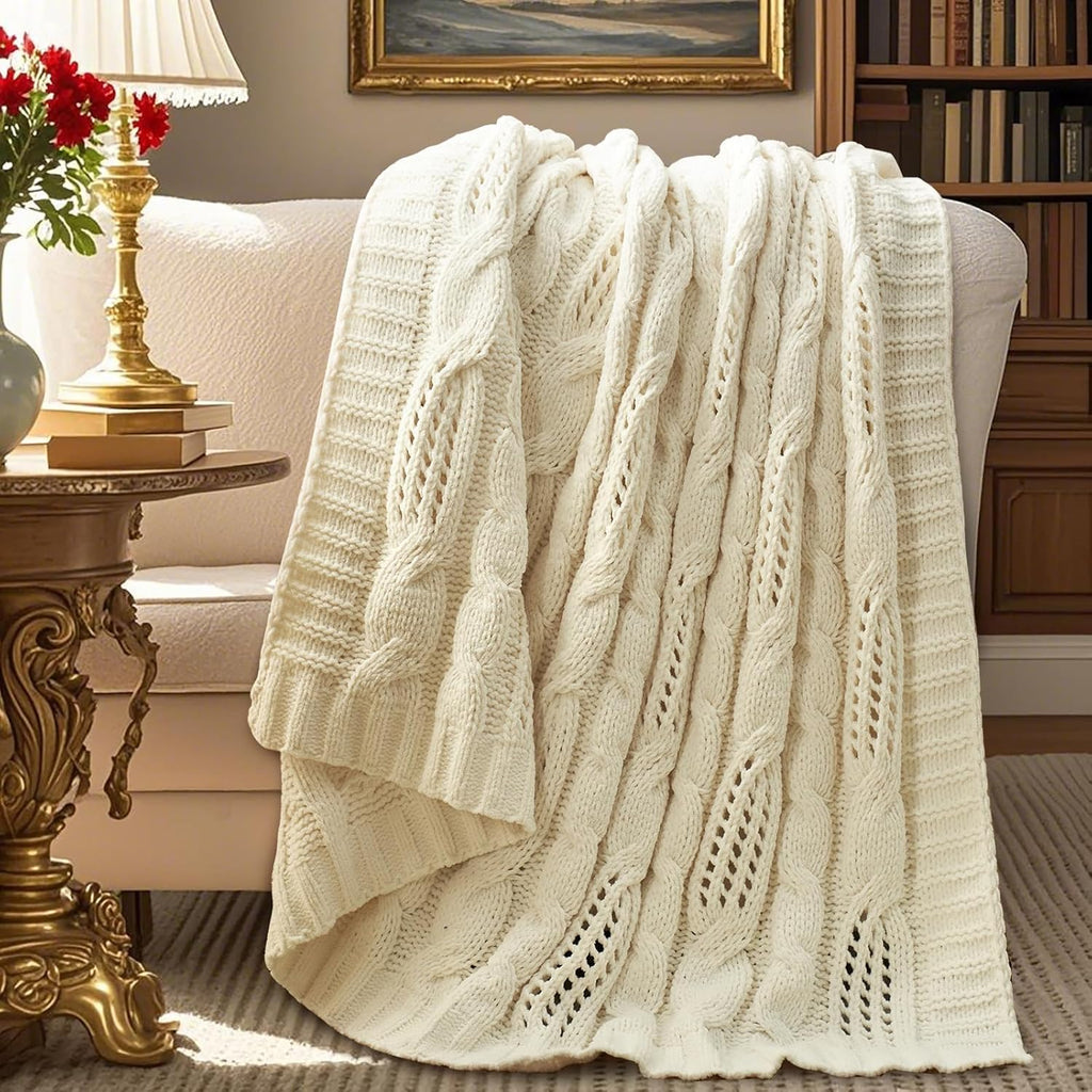 Amélie Home Chunky Knit Throw Blanket, Dual-Sided Soft Chenille Breathable Cable Knitted Blanket for Couch, Farmhouse Decorative Throw for Sofa & Chair, 60"x80", Ivory
