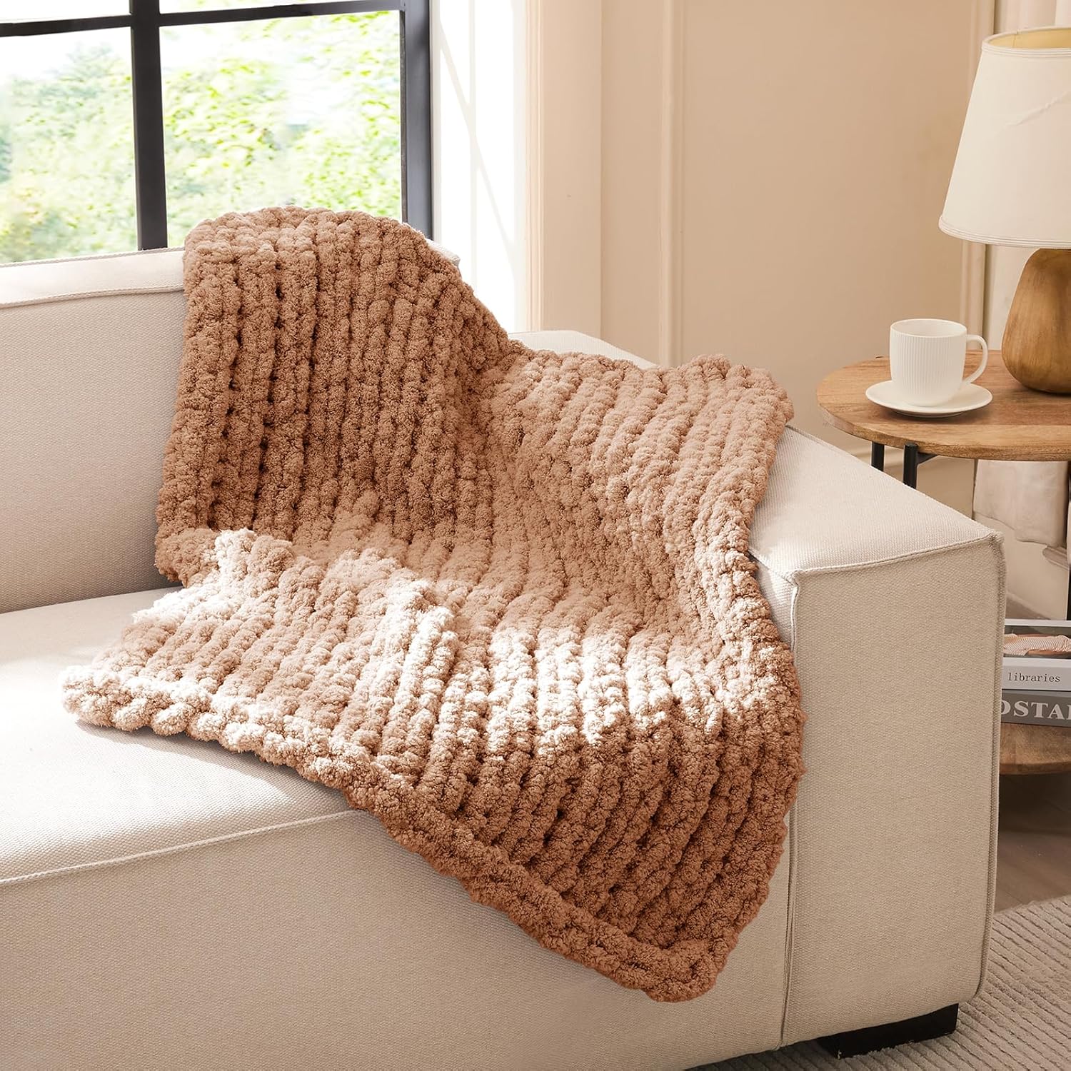 L'AGRATY Chunky Knit Blanket - Soft Chunky Throw 60x80 inches: 100% Hand Kintted Chenile Crochet Throw for Couch - Large Cable Knit Blanket for Home Decor (Ivory)