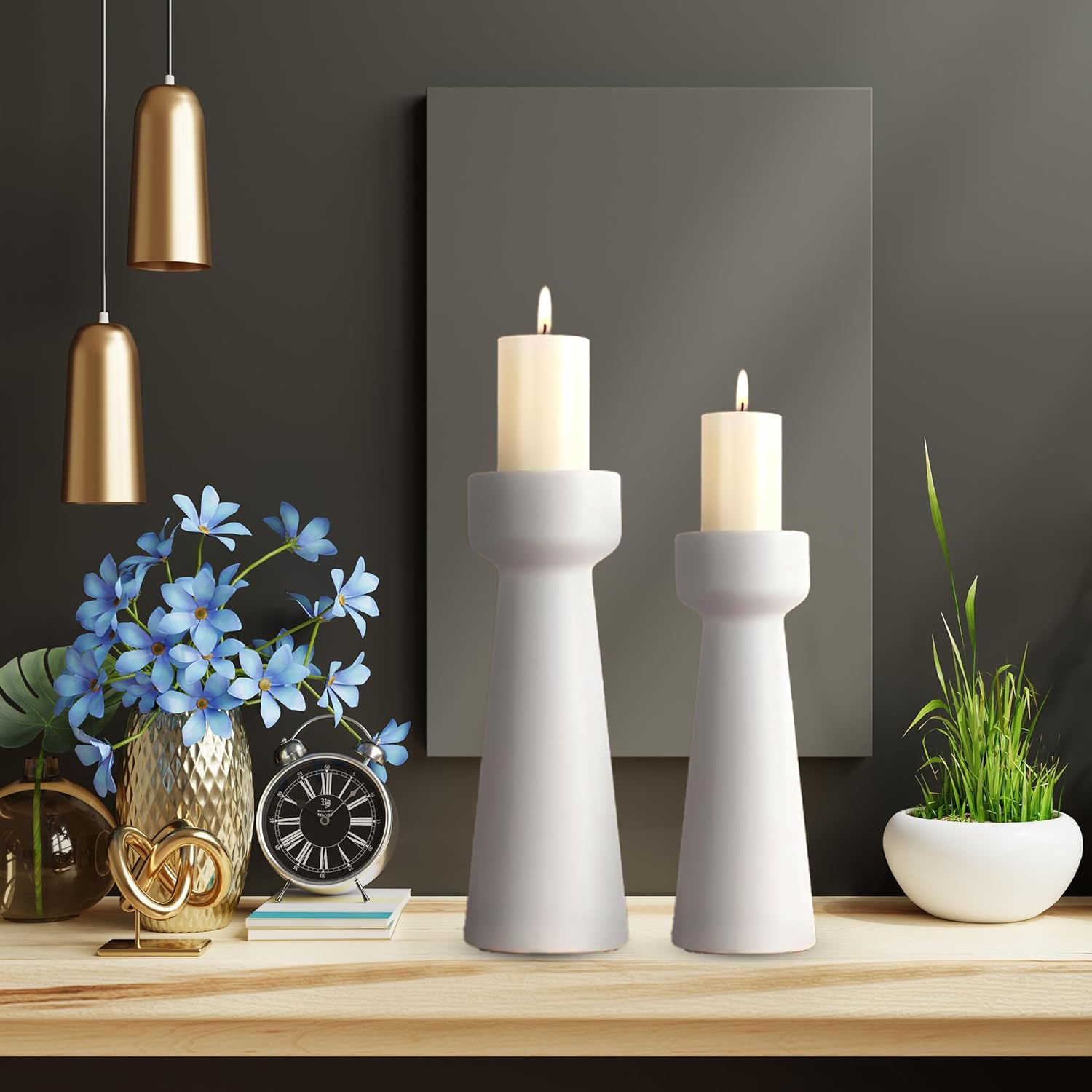 Set of 2 White Ceramic Taper Candle Holders, Matte Decorative Candlestick Holders in Small & Large Sizes for Home Decor, Dining Table, Weddings, Parties, and Aromatherapy