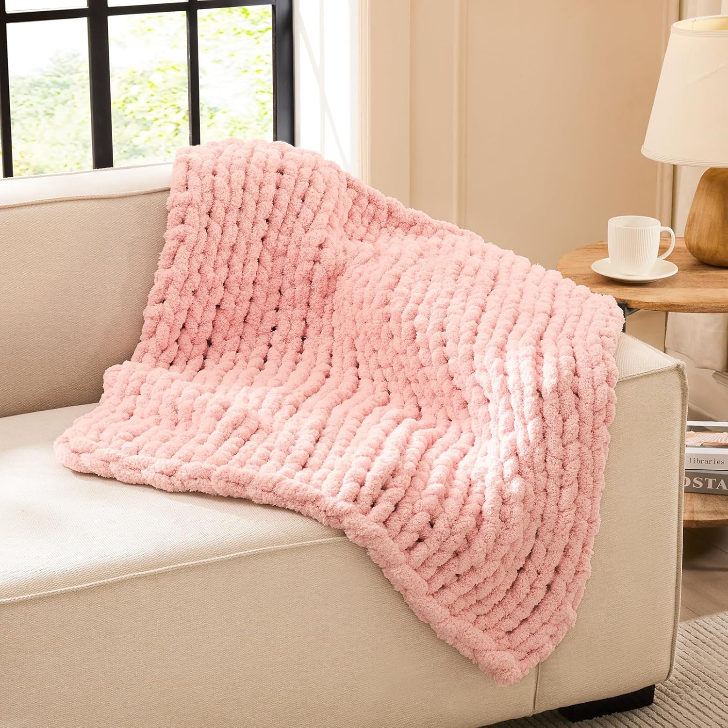 L'AGRATY Chunky Knit Blanket - Soft Chunky Throw 60x80 inches: 100% Hand Kintted Chenile Crochet Throw for Couch - Large Cable Knit Blanket for Home Decor (Ivory)