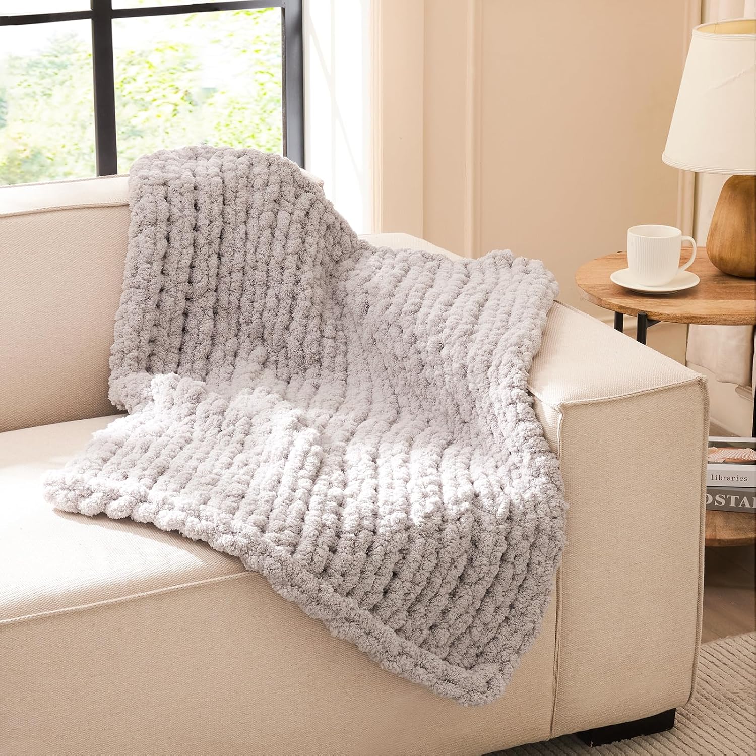 L'AGRATY Chunky Knit Blanket - Soft Chunky Throw 60x80 inches: 100% Hand Kintted Chenile Crochet Throw for Couch - Large Cable Knit Blanket for Home Decor (Ivory)