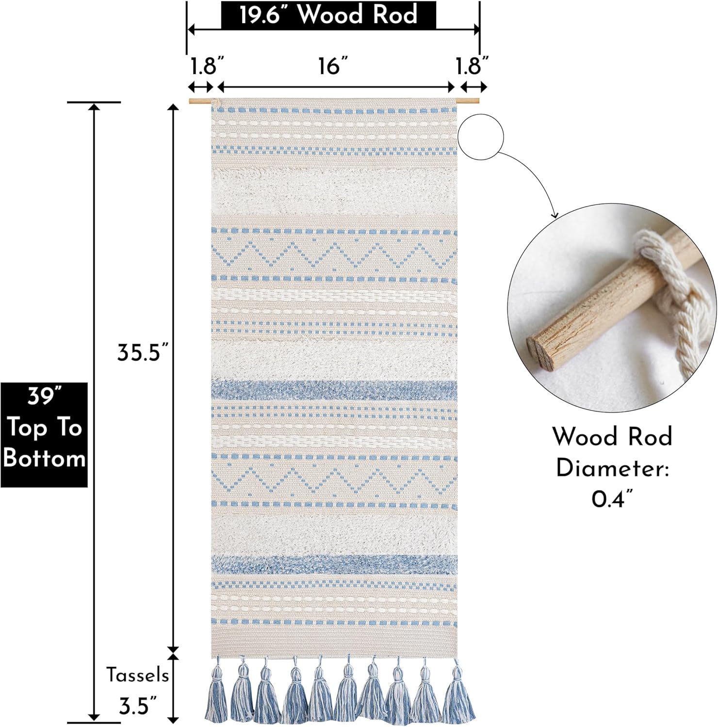 BlissBlush Long Vertical Wall Hanging Tapestry Coastal Blue Woven Boho Farmhouse Décor Tassel Handmade Wall Art Decoration for Bedroom Living Room Dorm Nursery Apartment, 16x39 INCH