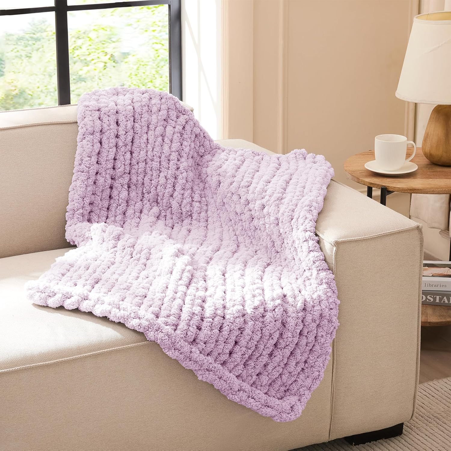 L'AGRATY Chunky Knit Blanket - Soft Chunky Throw 60x80 inches: 100% Hand Kintted Chenile Crochet Throw for Couch - Large Cable Knit Blanket for Home Decor (Ivory)