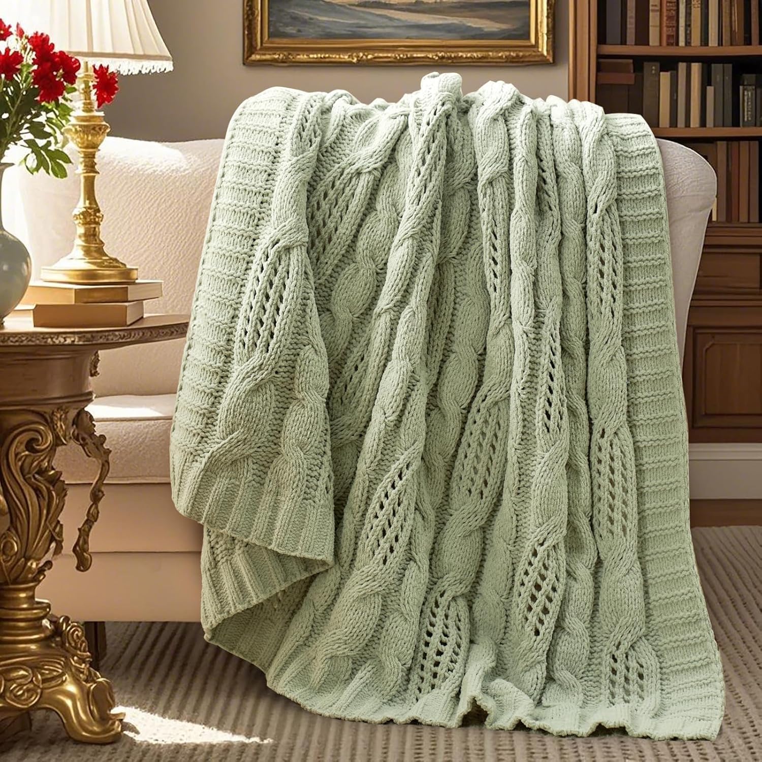 Amélie Home Chunky Knit Throw Blanket, Dual-Sided Soft Chenille Breathable Cable Knitted Blanket for Couch, Farmhouse Decorative Throw for Sofa & Chair, 60"x80", Ivory