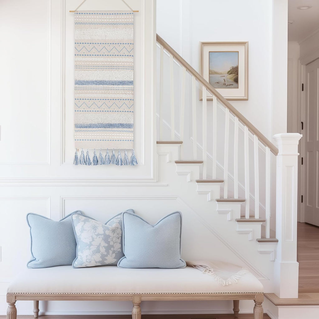 BlissBlush Long Vertical Wall Hanging Tapestry Coastal Blue Woven Boho Farmhouse Décor Tassel Handmade Wall Art Decoration for Bedroom Living Room Dorm Nursery Apartment, 16x39 INCH