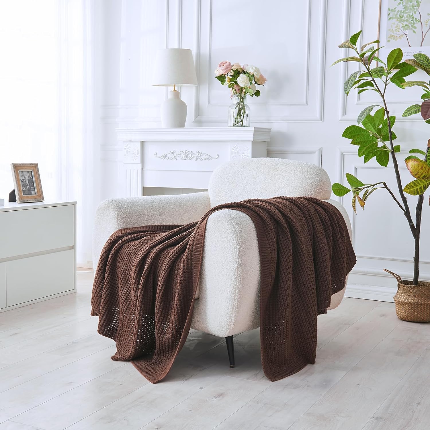 Douceur Brown Throw Blanket for Bed, Soft Chunky Cable Knit Throw Blanket, Classic Fisherman's Rib Stitch Pattern Throw for Living Room,60"X80"