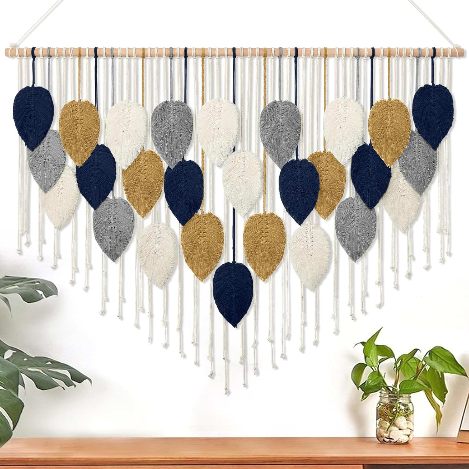 Alynsehom Large Macrame Wall Hanging, Boho Handmade Leaf Feather Bohemian Woven Tapestry, Chic Wall Art Home Decor for Bedroom Living Room Nursery Apartment Decorations(39" W x 29.5" L)