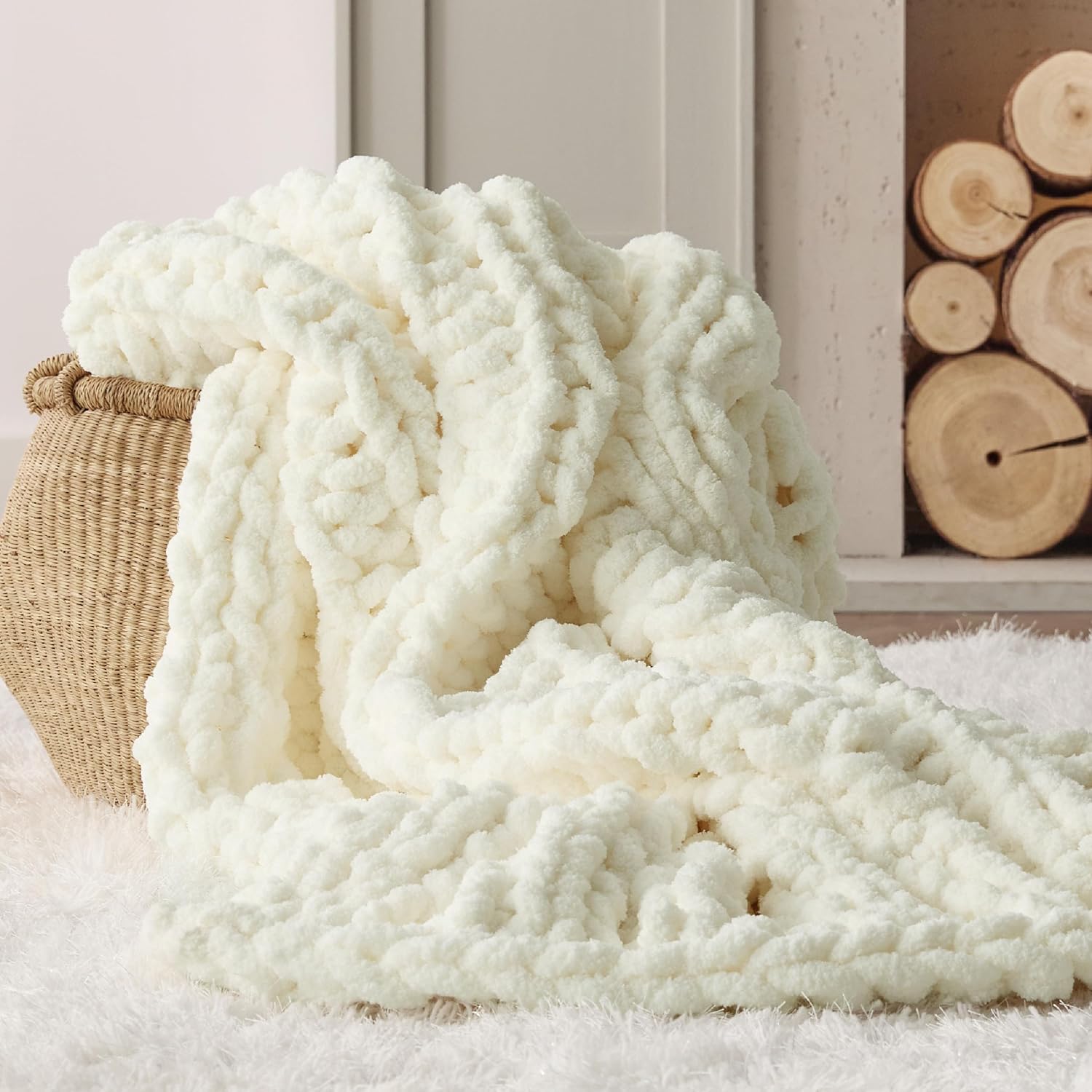 Bedsure Chunky Knit Throw Blanket for Couch - 100% Hand Knitted, 5.06 lbs GentleSoft Blanket with Giant Chenille Yarn for Bed Living Room Home Decor, Thick and Cozy, Linen Beige, 50x60 Inches