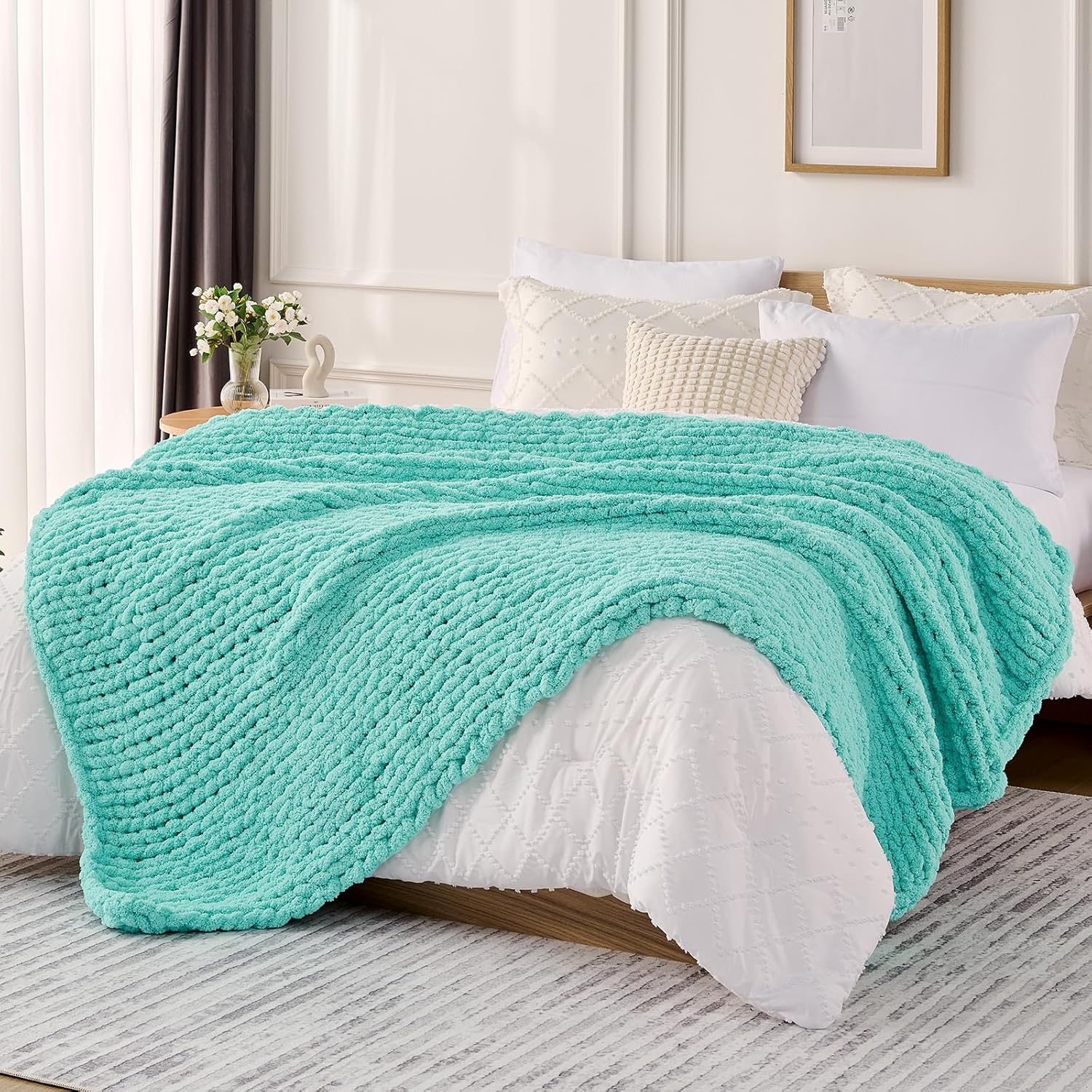 L'AGRATY Chunky Knit Blanket - Soft Chunky Throw 60x80 inches: 100% Hand Kintted Chenile Crochet Throw for Couch - Large Cable Knit Blanket for Home Decor (Ivory)