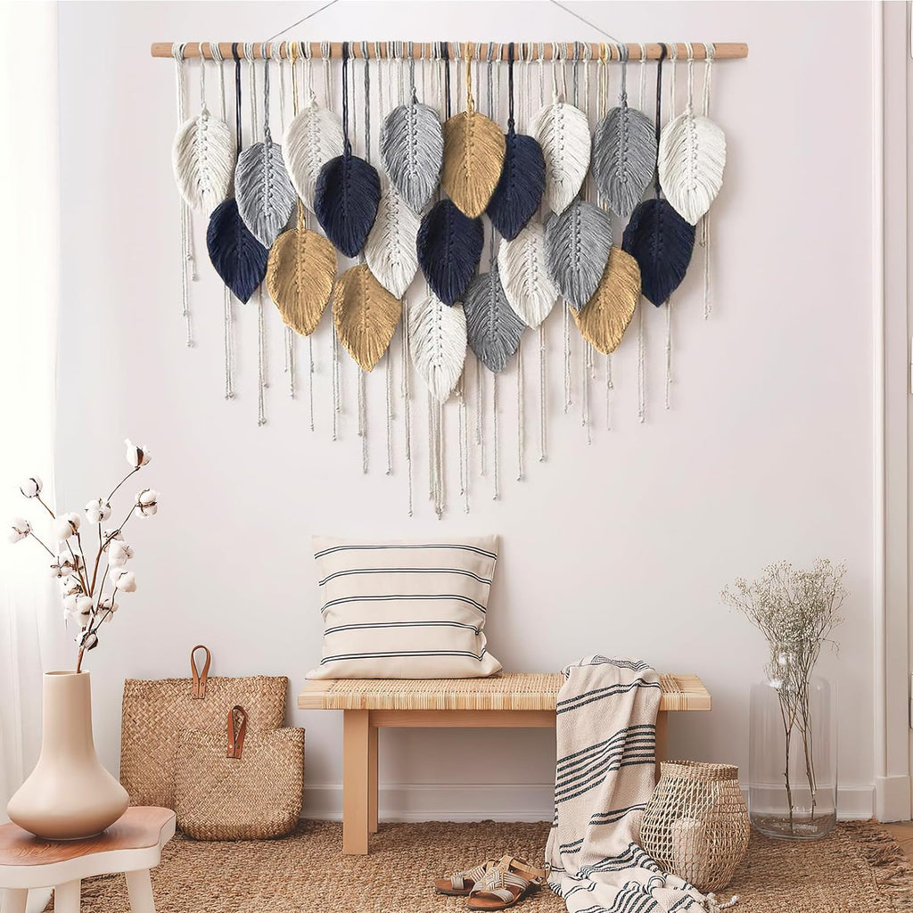 Alynsehom Large Macrame Wall Hanging, Boho Handmade Leaf Feather Bohemian Woven Tapestry, Chic Wall Art Home Decor for Bedroom Living Room Nursery Apartment Decorations(39" W x 29.5" L)