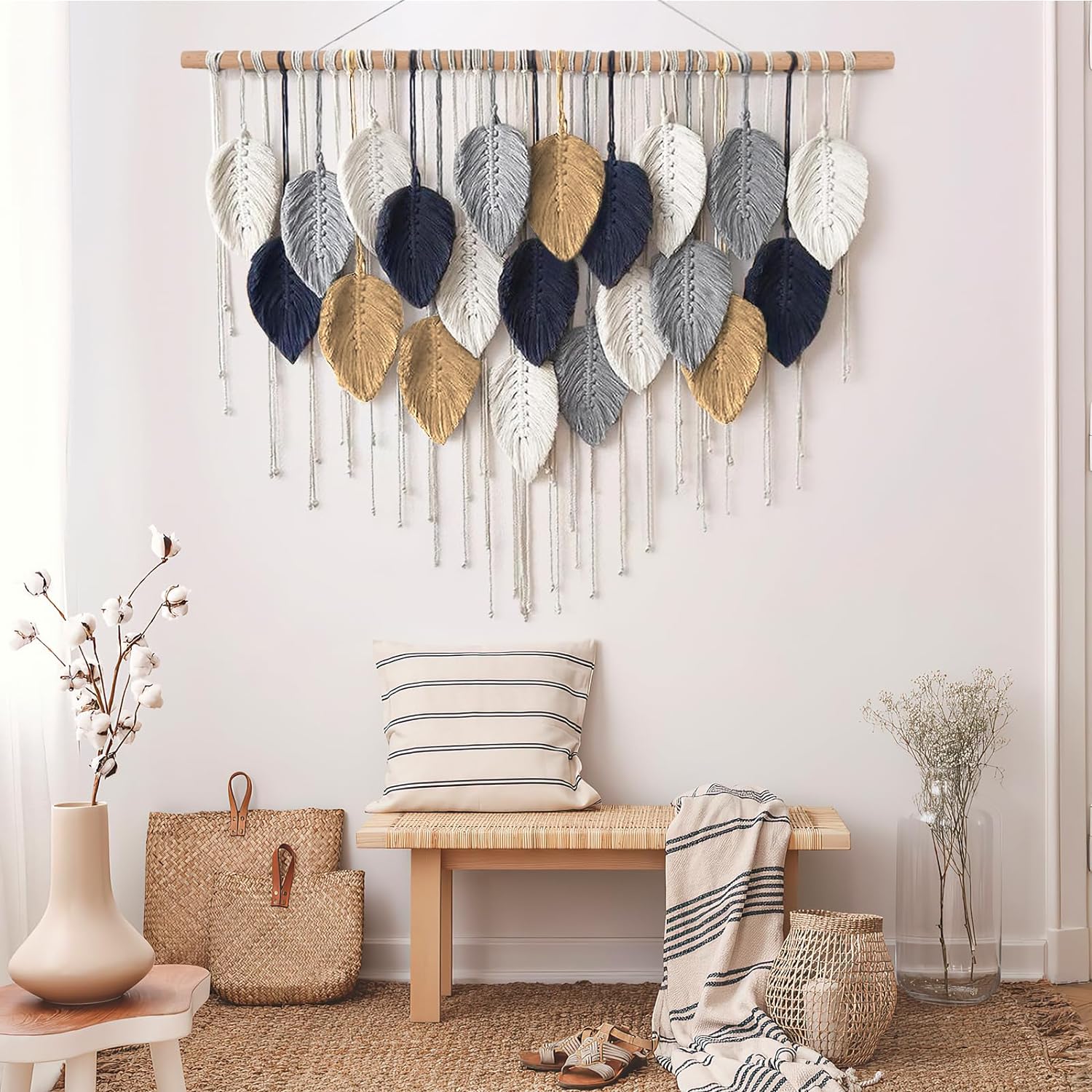 Alynsehom Large Macrame Wall Hanging, Boho Handmade Leaf Feather Bohemian Woven Tapestry, Chic Wall Art Home Decor for Bedroom Living Room Nursery Apartment Decorations(39" W x 29.5" L)