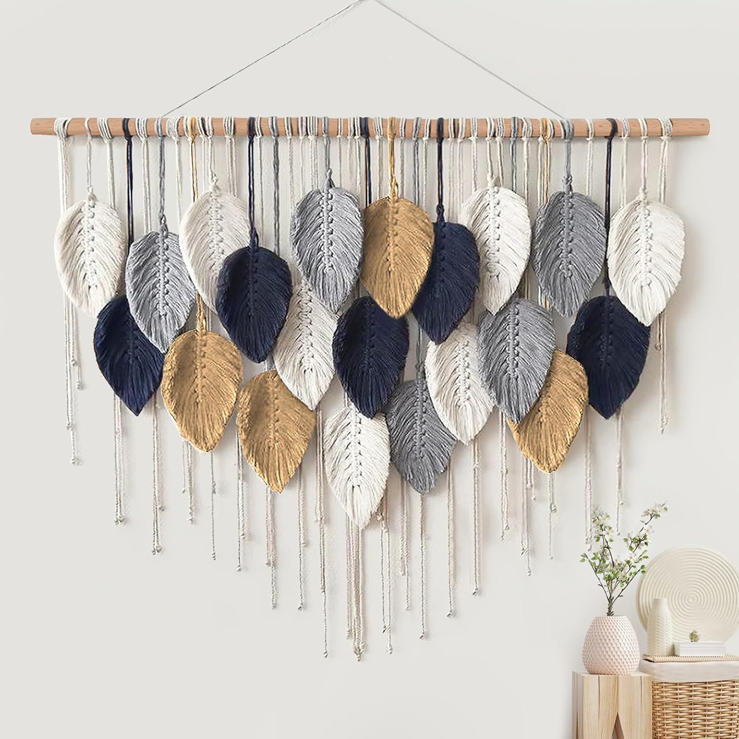 Alynsehom Large Macrame Wall Hanging, Boho Handmade Leaf Feather Bohemian Woven Tapestry, Chic Wall Art Home Decor for Bedroom Living Room Nursery Apartment Decorations(39" W x 29.5" L)