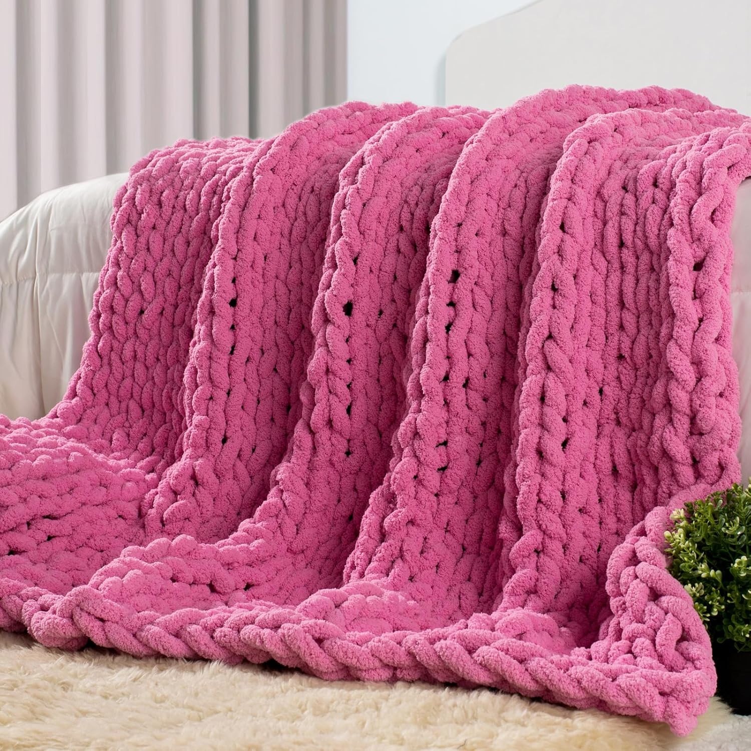 Carriediosa Chunky Knit Throw Blanket 50" X 60", 100% Hand Made Large Chenille Loop Yarn Soft Fluffy Throws for Couch Sofa Bed, Big Crochet Cozy Heavy Thick Cable Woven Blankets, Taupe