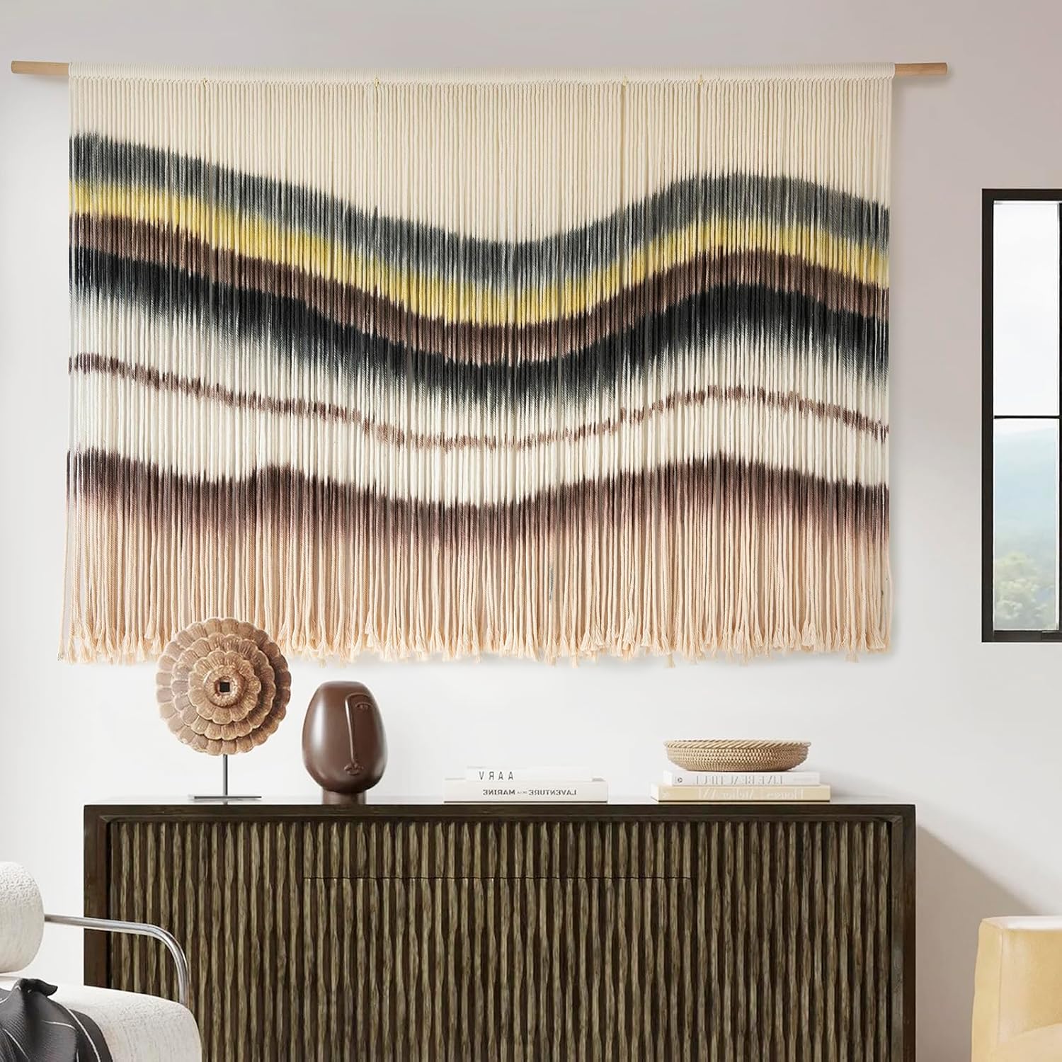 Flber Macrame Wall Hanging Macrame Wall Decor Large-Scale Tie-Dye Tapestry Living Home Room Wall Decor 57" Wx 35" L